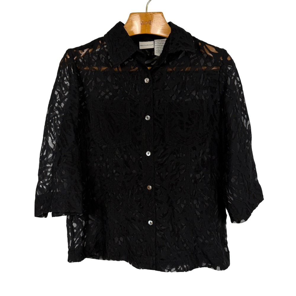 White Stag Black Burnout Sheer Button Front Shirt Womens S 6/8 Y2K 3/4 Sleeve